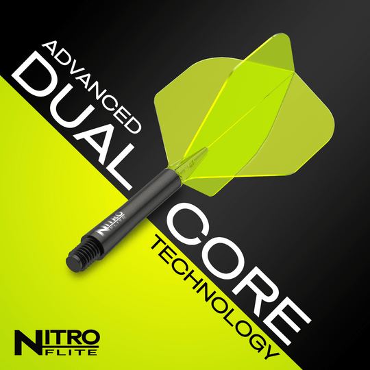 Das Bild zeigt das Produkt "Red Dragon Nitroflite" mit schwarzem Schaft und gelben Flights. Auf dem Bild steht "Advanced Dual Core Technology" und "Nitroflite" als Markenname.