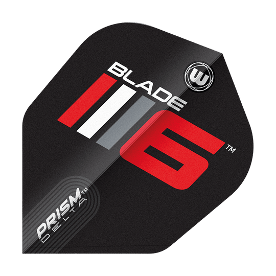 Voli Winmau Prism Delta Blade 6 No6 Das Bild zeigt ein Dartflight mit dem Aufdruck "Blade 6" in auffälligen Farben. Unten links steht "Prism Delta" und das Design ist modern und sportlich.