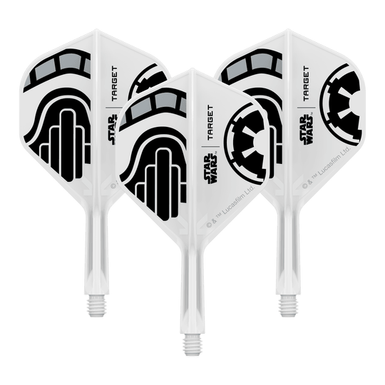 Voli standard Target Star Wars K-Flex Stormtrooper No2 Abgebildet ist ein Set kurzer Dartflügel mit dem Namen 'Stormtrooper No2 Standard Flights Short 19mm 1Set'. Das Produkt eignet sich für Dartspieler, die besondere Designs mögen.