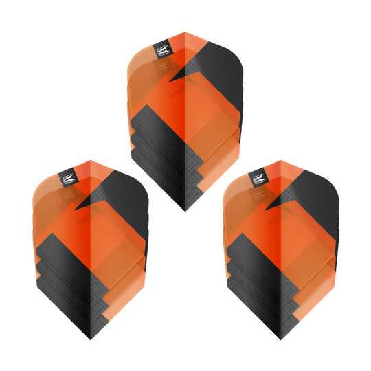 Target Pro Ultra TAG Orange Ten-X Standard Flights - 3 set Das Bild zeigt drei Sets von Target Pro Ultra TAG Orange Ten-X Standard Flights. Die Flights sind orange und schwarz gestaltet und haben ein modernes, geometrisches Muster.