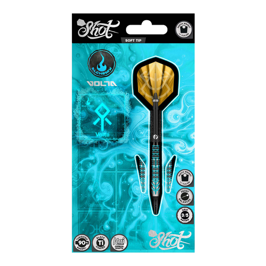 Freccette morbide Shot Alchemy Volta - 20 g Abgebildet sind die Shot Alchemy Volta Softdarts - 20g aus einer detaillierten Ansicht. Diese Softdarts eignen sich gut für das Dartspiel.
