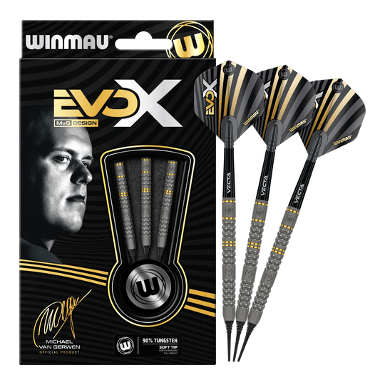 Freccette morbide Winmau Michael Van Gerwen Evo-X - 20g Das Bild zeigt das Produkt "Winmau Michael Van Gerwen Evo-X Softdarts - 20g" in seiner Verpackung. Neben der Verpackung sind drei zusammengebaute Softdarts mit schwarz-goldenem Design zu sehen.
