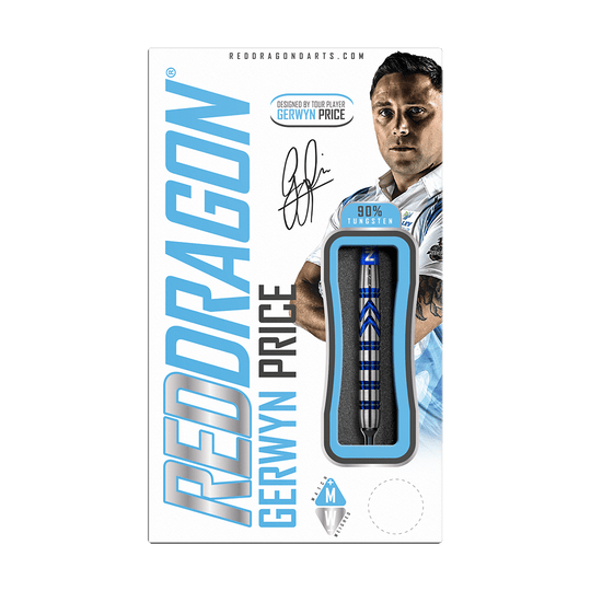 RD1922-Red-Dragon-Gerwyn-Price-Iceman-Softdarts-3 Das Bild zeigt die Verpackung der "Red Dragon Gerwyn Price Iceman Softdarts". Auf der Verpackung ist ein Dartpfeil sowie das Bild eines Spielers abgebildet.