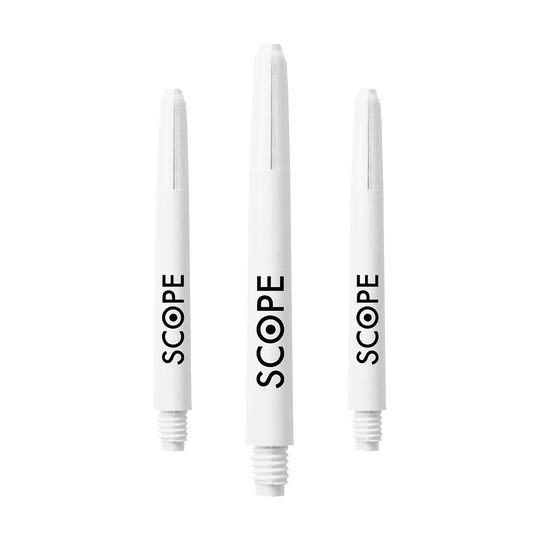 Das Bild zeigt drei weiße McDart Scope Nylon Shafts. Auf jedem Shaft steht das Wort "SCOPE" in schwarzer Schrift.