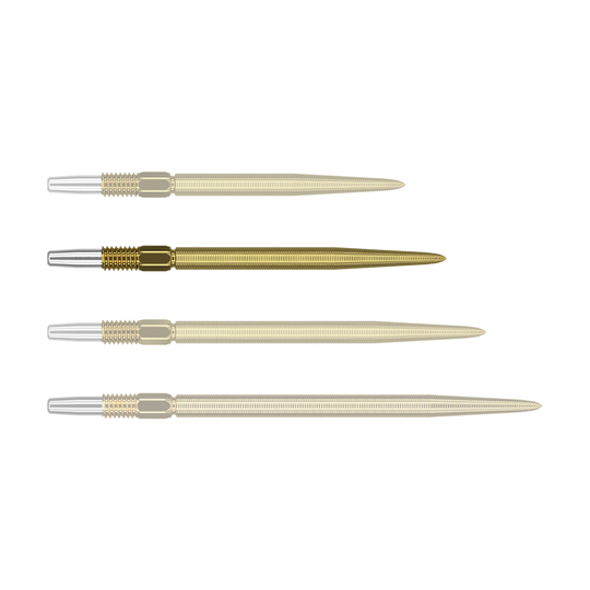 Target Swiss Point Nano Dart Tips - Oro Das Bild zeigt vier goldene Dartspitzen mit silbernem Befestigungsende, die nebeneinander liegen. Die Spitzen sind gleich lang und haben eine feine Riffelung entlang der gesamten Länge.