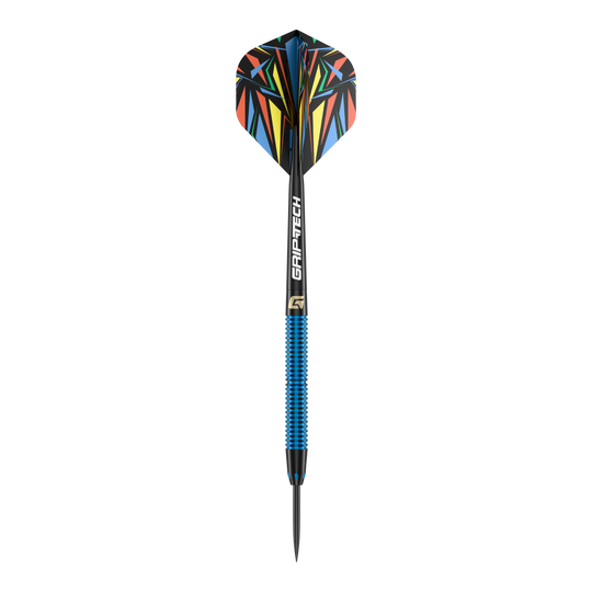 Freccette in acciaio GOAT Athlete Blue Brass - 12 g Das Bild zeigt einen Steeldart mit blauem Griff und der Aufschrift "GRIP-TECH". Die Flights haben ein buntes, geometrisches Muster.