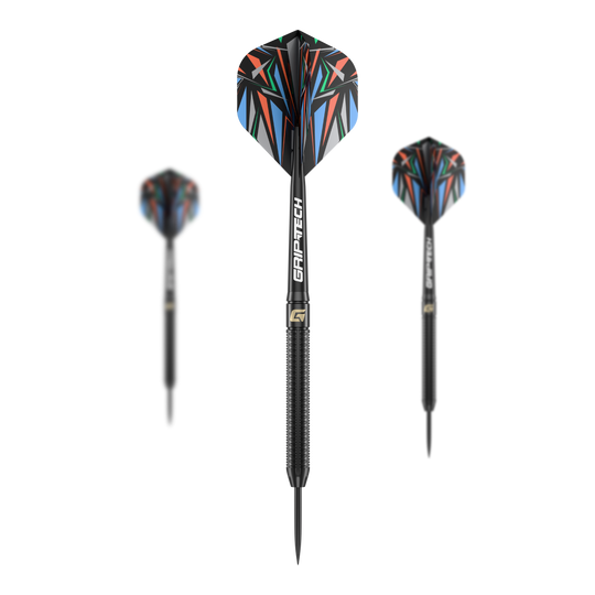 Freccette in acciaio GOAT Athlete in ottone nero - 13 g Das Bild zeigt drei schwarze Steeldarts mit farbenfrohen Flights und der Aufschrift "GRIP-TECH". Es handelt sich um das Produkt "GOAT Athlete Black Brass Steeldarts - 13g".