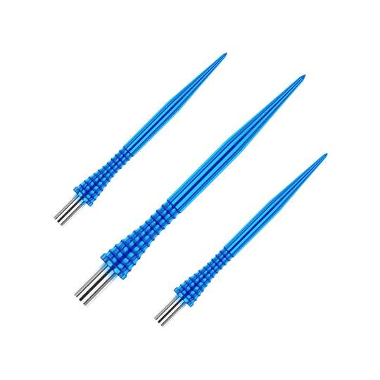 Punte per freccette in acciaio Red Dragon Raptor Gripped Blue da 30 mm Das Bild zeigt drei blaue Steeldartspitzen des Produkts "Red Dragon Raptor Gripped" mit einer Länge von 30 mm. Die Spitzen haben ein geriffeltes Griffdesign und silberne Enden.