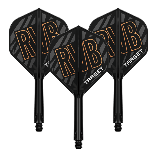 Target K-Flex Raymond Van Barneveld No2 Sistema di albero di volo standard Auf dem Bild sind drei schwarze Dart-Flights mit der Aufschrift "RVB" und "TARGET" zu sehen. Die Flights haben ein schwarzes, gestreiftes Design mit orangefarbenen Buchstaben.