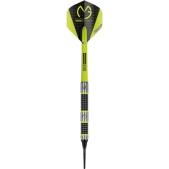 2433_Winmau_Michael_Van_Gerwen_MvG_Aspire_Softdarts_1Eusgs497eYeVg Das Bild zeigt einen Winmau Michael Van Gerwen MvG Aspire Softdart mit einem Gewicht von 20 Gramm. Der Dart ist schwarz, silber und neongelb gestaltet und trägt das MvG-Logo.