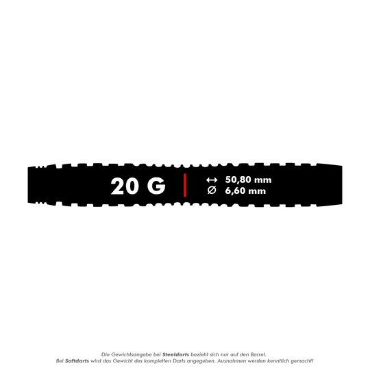 Freccette morbide Winmau Joe Cullen Rockstar Series RS1 - 20 g Das Bild zeigt die technischen Daten der Winmau Joe Cullen Rockstar Series RS1 Softdarts mit 20 Gramm Gewicht. Die Darts haben eine Länge von 50,80 mm und einen Durchmesser von 6,60 mm.