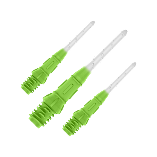 L-Style Premium Two Tone Lippoints (confezione da 30) Das Bild zeigt drei grün-weiße Spitzen für Softdartpfeile. Die Spitzen haben eine geriffelte Struktur im unteren Bereich und verlaufen nach oben hin transparent.