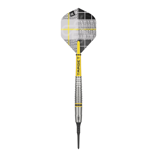 Freccette morbide Target Scott Williams GEN2 - 18 g Das Bild zeigt einen Target Scott Williams GEN2 Softdart mit einem Gewicht von 18g. Der Dart hat gelbe Akzente und ein modernes, silberfarbenes Barrel-Design.