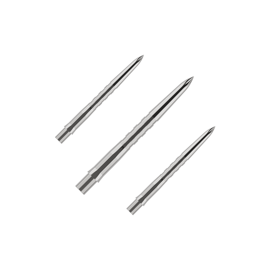 Punte per freccette Mission Caliburn EVO - Scanalate - Argento Das Bild zeigt drei silberne, gerillte Spitzen für Steeldarts. Sie liegen nebeneinander auf einem grünen Hintergrund.