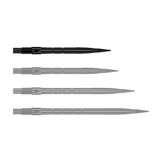 Punte per freccette Harrows Quick Point Micro Ridge - Nere Zu sehen ist eine einzelne schwarze Dartspitze mit Rillenmuster. Dieses Produkt ist als Ersatzspitze für Dartpfeile gedacht.