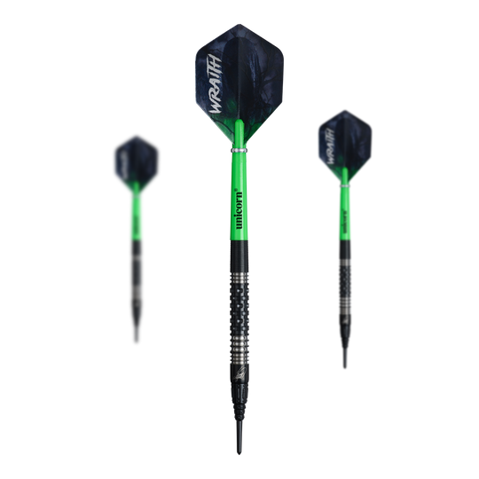 Freccette morbide Unicorn Wraith James Wade - 19 g Unicorn Wraith James Wade Softdarts mit einem Gewicht von 19 Gramm sind auf dem Bild zu sehen. Die Darts sind speziell für Softdartspieler entwickelt.
