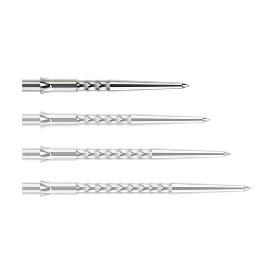 Punte per freccette in acciaio Caliburn System - Ripple - NoLip - argento Abgebildet ist eine silberne Steeldartspitze des Typs Ripple NoLip mit 28mm Länge. Die Spitze liegt frontal auf einer hellen Fläche.