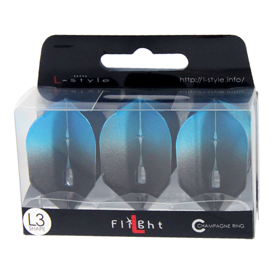 Alette L-Style Two Tone L3PRO Die Verpackung zeigt drei blaue Dartflights der Marke L-style. Auf der Schachtel steht "L3 Shape" und "Champagne Ring".