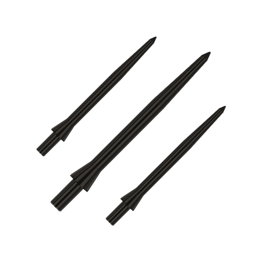 Punte per freccette in acciaio Red Dragon Raptor Plain Black - 30 mm Das Bild zeigt drei schwarze Steeldartspitzen der Marke Red Dragon Raptor in 28 mm Länge. Die Spitzen sind schlicht und haben ein glattes Design.