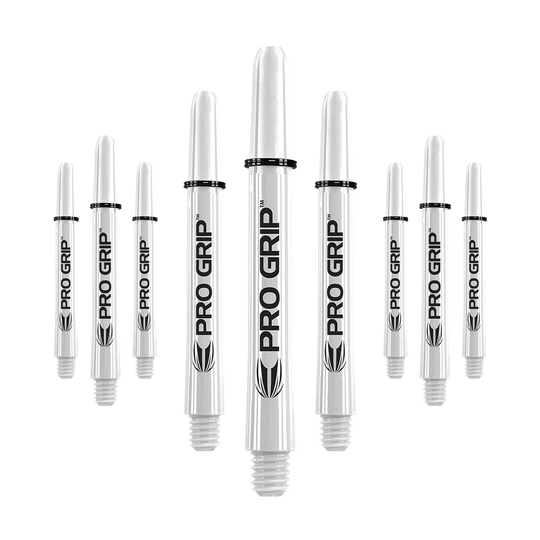 Target Pro Grip Shafts - 3 set - Bianco Das Bild zeigt mehrere weiße Dartschäfte mit der Aufschrift "PRO GRIP". Sie sind in drei Reihen angeordnet und haben schwarze Ringe an der Oberseite.