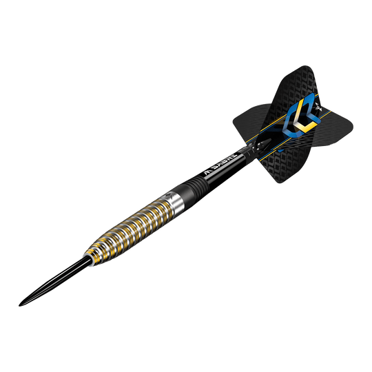 Freccette in acciaio Mission Oskar Lukasiak PVD oro nero - 22 g Das Bild zeigt einen Steeldart, der "Mission Oskar Lukasiak Black Gold PVD Steeldarts - 22g" heißt. Der Dart hat ein schwarz-goldenes Design mit modernen Rillen und einem schwarzen Flight.