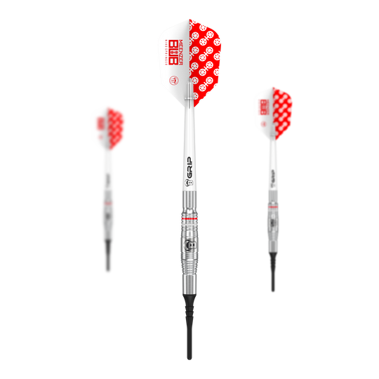 Freccette morbide Bulls Niko Springer - 22 g Das Bild zeigt drei Softdarts des Modells 'Bulls Niko Springer' mit einem Gewicht von 22g. Die Darts haben silberne Schäfte und weiße Flights mit einem roten Punktmuster.
