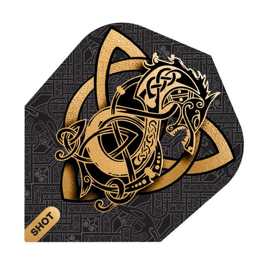 Shoto del lupo vichingo n. 6 Das Bild zeigt das Produkt "Shot Viking Wolf No6 Flights" mit einem goldenen Wikinger-Wolf Design auf schwarzem Hintergrund. Im Hintergrund sind feine, keltische Muster zu sehen und unten links steht das Wort "SHOT".