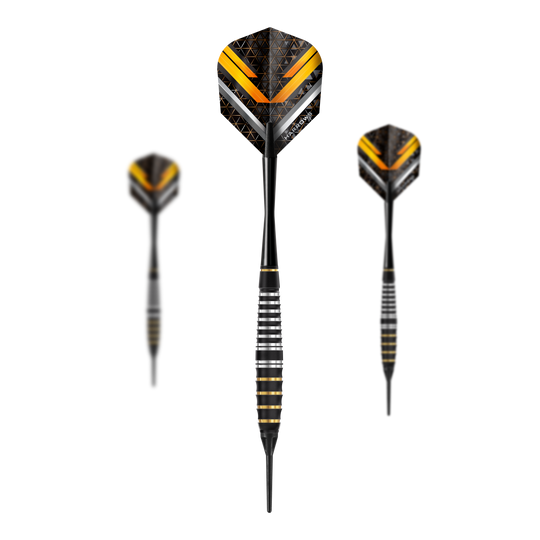 Freccette morbide Vulcan Harrows Das Bild zeigt ein Set Harrows Vulcan Softdarts. Die Darts sind speziell für Softdart-Spiele entwickelt.