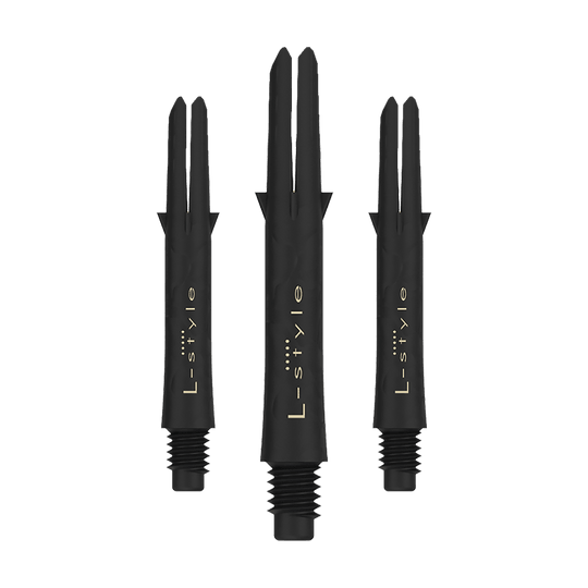 Alberi in carbonio stile L Das Bild zeigt drei schwarze L-Style Carbon Shafts für Darts ohne Kappen. Auf den Schäften steht in goldener Schrift das Wort "L-style".