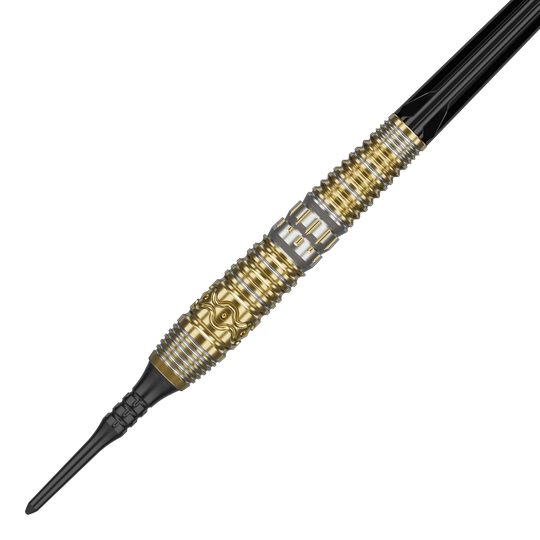 Target Japan Hot Shot GEN2 Freccette morbide - 19 g Das Bild zeigt einen Softdart mit dem Namen "Target Japan Hot Shot GEN2 Softdarts - 19g". Der Dart hat ein auffälliges Design in Gold und Silber mit detaillierten Gravuren am Griff.