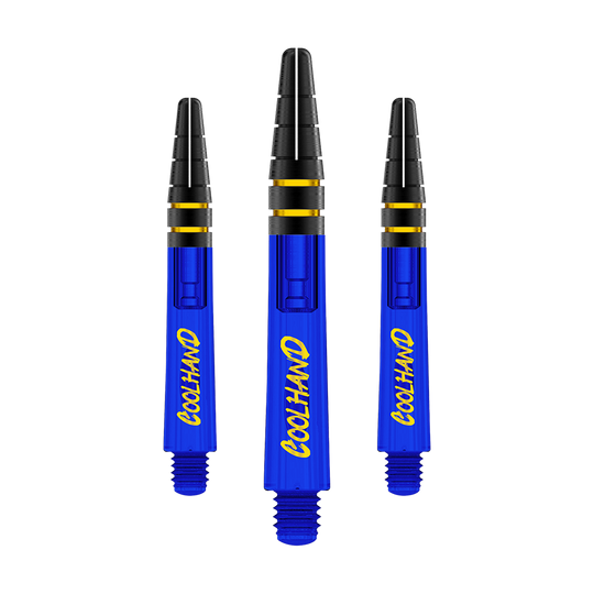 Alberi Red Dragon Nitrotech Luke Humphries Coolhand - Blu Das Bild zeigt drei blaue Dartschäfte mit der gelben Aufschrift "COOLHAND". Die Schäfte haben schwarze und goldene Akzente am oberen Ende.
