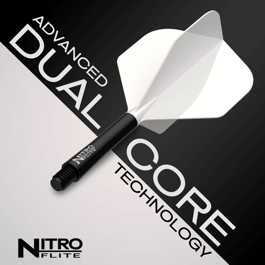 Red Dragon Nitroflite Black Shaft White Flights No2 Das Foto zeigt Red Dragon Nitroflite Black Shaft White Flights No2. Es ist ein Dart-Schaft in Schwarz und weiße Flights abgebildet.