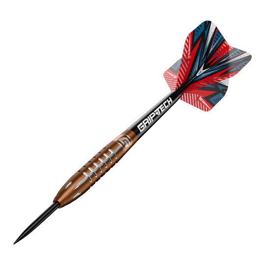 Freccette in acciaio al tungsteno GOAT Quarterback V2 - 24 g Das Bild zeigt einen Steeldart namens "GOAT Quarterback V2 Tungsten" mit einem Gewicht von 24 Gramm. Der Dart hat ein auffälliges Design mit roten, schwarzen und silbernen Akzenten sowie dem Schriftzug "GRIPTECH" auf dem Schaft.