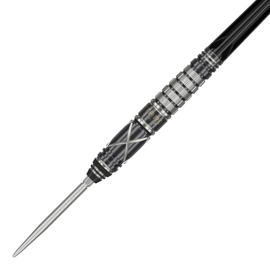 Freccette in acciaio Target Japan Black Marque Chaos 2 SP Das Bild zeigt den Target Japan Black Marque Chaos 2 SP Steeldart. Der Dart hat ein elegantes, schwarzes Design mit silbernen Akzenten und feinen Rillen für besseren Halt.