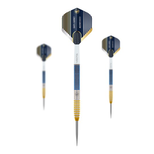 Freccette in acciaio Winmau Daryl Gurney SC 1.0 Series - 23 g Das Bild zeigt die Winmau Daryl Gurney SC 1.0 Series Steeldarts mit einem Gewicht von 23g. Die Darts haben ein modernes Design mit blauen, goldenen und silbernen Akzenten.