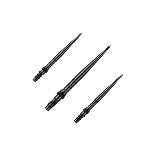 Das Bild stellt ein Set schwarzer Steeldartspitzen in der Länge von 26 mm dar. Dieses Set ist für Steeldartspieler gedacht.