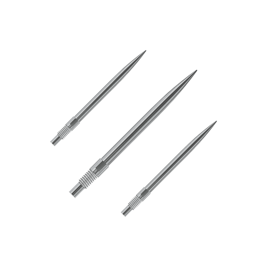 Punte per freccette Harrows Quick Point - Argento Gezeigt wird ein Set Harrows QuickPoint Dartspitzen in Silber mit 30mm Länge. Dieses Bild verdeutlicht den Lieferumfang der Dartspitzen.