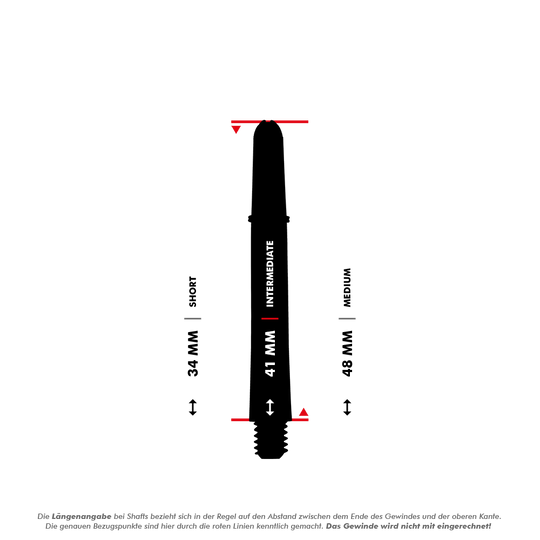 Aste Target Pro Grip TAG - 3 set - Rosso Das Bild zeigt drei verschiedene Längen von Target Pro Grip Shafts: Short (34 mm), Intermediate (41 mm) und Medium (48 mm). Die roten Linien markieren die Messpunkte der Längenangabe, das Gewinde wird nicht mitgerechnet.