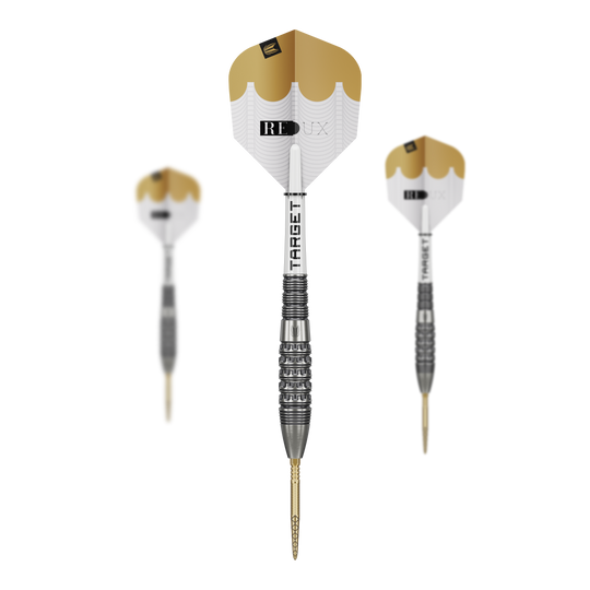 Abgebildet ist das Set der Target Redux 02 Swiss Point Steeldarts. Diese Darts sind für professionelle Spieler geeignet.