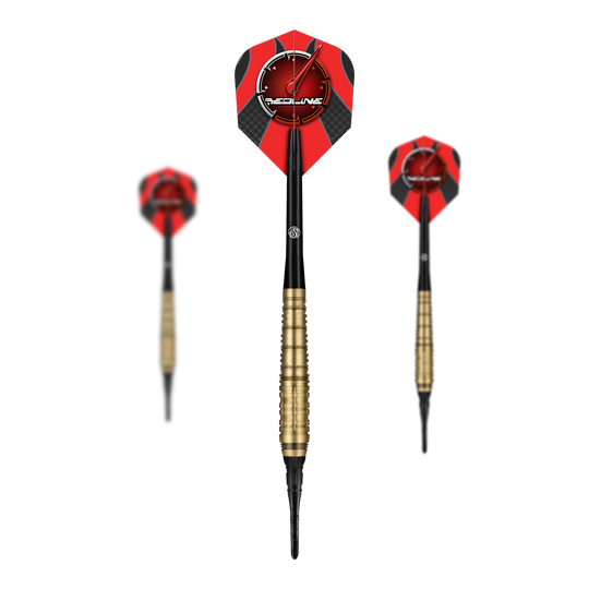 Freccette morbide Shot Redline Mach 1 - 20 g Das Bild zeigt drei Softdarts des Produkts „Shot Redline Mach 1“ mit einem Gewicht von 20g. Die Darts haben rote Flights mit schwarzem Muster und goldenen Griffen.