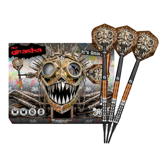 Freccette morbide Shot Gnarly Gnasha - 20 g Das Foto zeigt die vollständigen Shot Gnarly Gnasha Softdarts - 20g. Diese Softdarts zeichnen sich durch ein modernes Design aus.