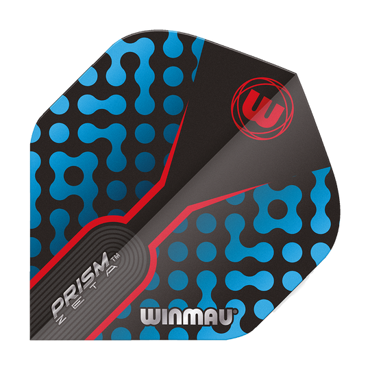 Dies ist ein Winmau Prism Zeta BlueRed Standard Flight für Dartpfeile. Das Design zeigt blaue Muster auf schwarzem Hintergrund mit roten Akzenten und dem Winmau-Logo.