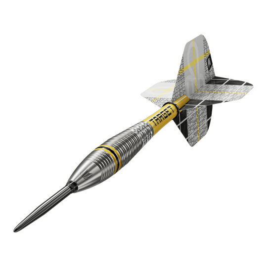 Freccette in acciaio Target Scott Williams GEN2 Swiss Point Auf dem Bild ist ein Target Scott Williams GEN2 Swiss Point Steeldart zu sehen. Der Dartpfeil hat ein silbernes, geriffeltes Barrel und gelbe Akzente sowie moderne Flights.