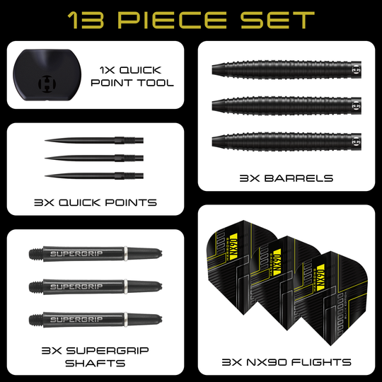 Freccette in acciaio coniche Harrows NX90 Black Edition Quick Point Hier zu sehen sind die Harrows NX90 Black Edition Tapered Quick Point Steeldarts. Die Darts sind schmal zulaufend und haben eine schwarze Oberfläche.