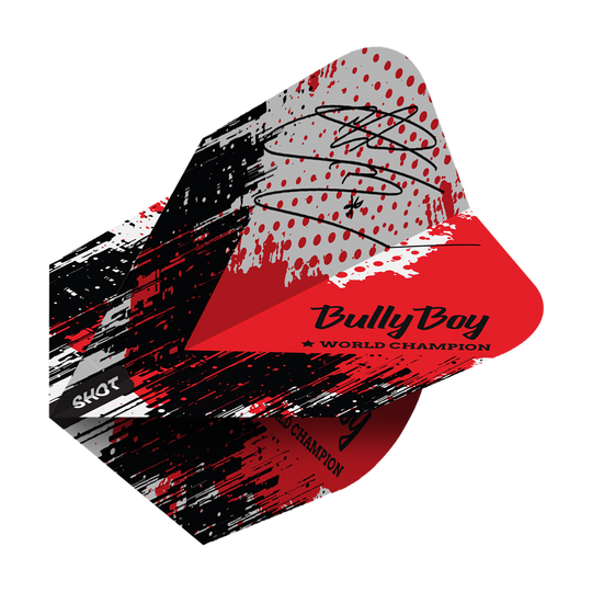 Shoto con l'arco Michael Smith Bully Boy Game Day No6 Flights Das Bild zeigt die "Shot Michael Smith Bully Boy Game Day No6 Flights" mit einem rot-schwarzen Design und Unterschrift. Auf dem Flight steht "Bully Boy World Champion" und das Shot-Logo ist sichtbar.