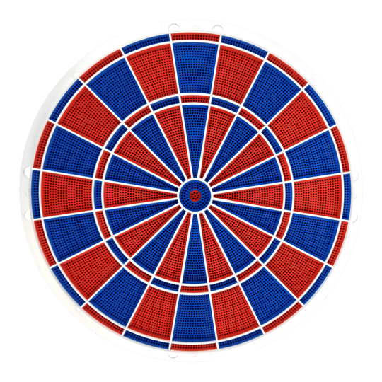 Pezzo di ricambio Karella E-Master Das Bild zeigt eine runde Dartscheibe mit abwechselnd roten und blauen Segmenten. Die Segmente sind durch weiße Linien getrennt und die Scheibe hat einen weißen Rahmen.