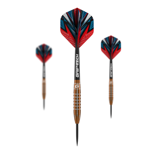 Freccette in acciaio al tungsteno GOAT Quarterback V2 - 24 g Das Bild zeigt drei GOAT Quarterback V2 Tungsten Steeldarts mit einem Gewicht von 24g. Die Darts haben ein auffälliges, rot-blaues Design und sind mit GRIP-TECH-Schäften ausgestattet.