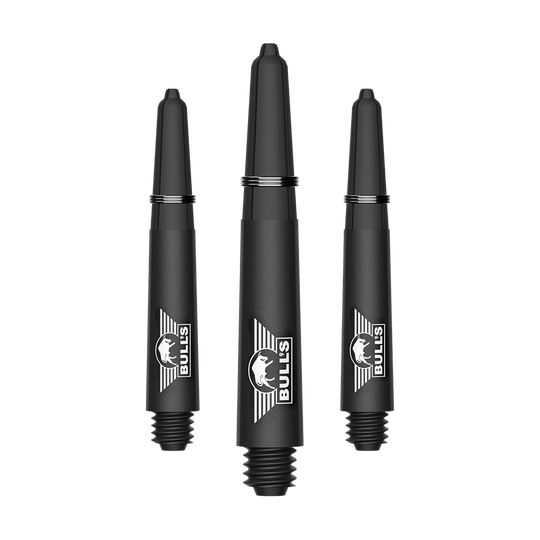 Aste in carbonio Bulls NL Capo - Nere Ein Bild mit dem Dateinamen BU55340_BullsNL_Capo_Carbon_Shafts_Schwarz_Short_34mm_1Set. Es handelt sich vermutlich um ein Set aus kurzen schwarzen Carbon-Shafts für Darts.