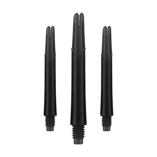 Alberi a L bloccati dritti - Nero Auf dem Bild sind drei schwarze, gerade Dartshafts ohne Kappen zu sehen. Sie haben ein Gewinde am unteren Ende und sind jeweils 39 mm lang.