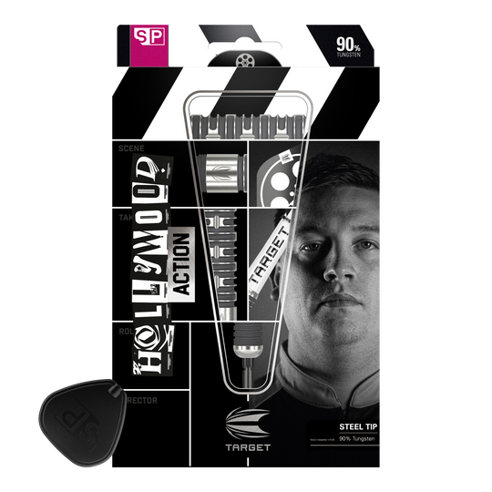 Freccette in acciaio Target Chris Dobey Hollywood Action Swiss Point Die Abbildung zeigt die Verpackung der "Target Chris Dobey Hollywood Action Swiss Point Steeldarts". Auf der Verpackung sind die Darts, der Produktname und ein Porträt einer Person zu sehen.